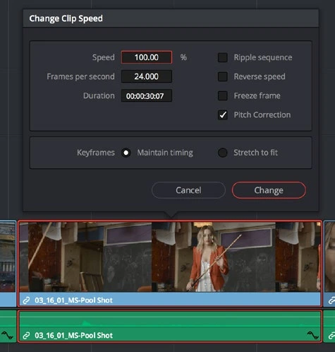 Change Clip Speed dialog above a retimed timeline clip
