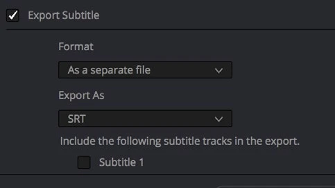 Deliver subtitle settings showing a separate SRT file