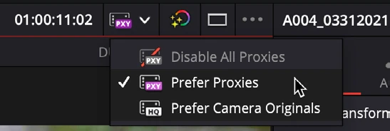 Proxy preference menu: proxies or camera originals