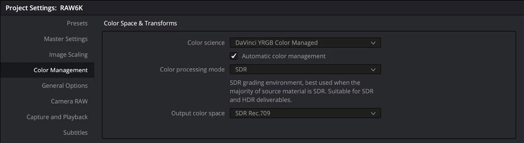 Actual DaVinci Resolve Color management interface reference